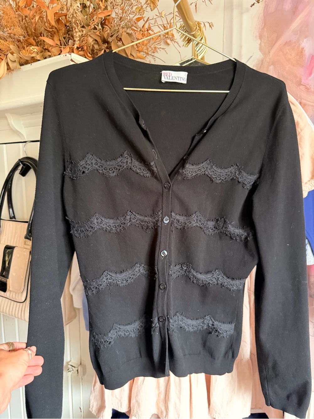 RED Valentino Black Lace-Trim Button Cardigan